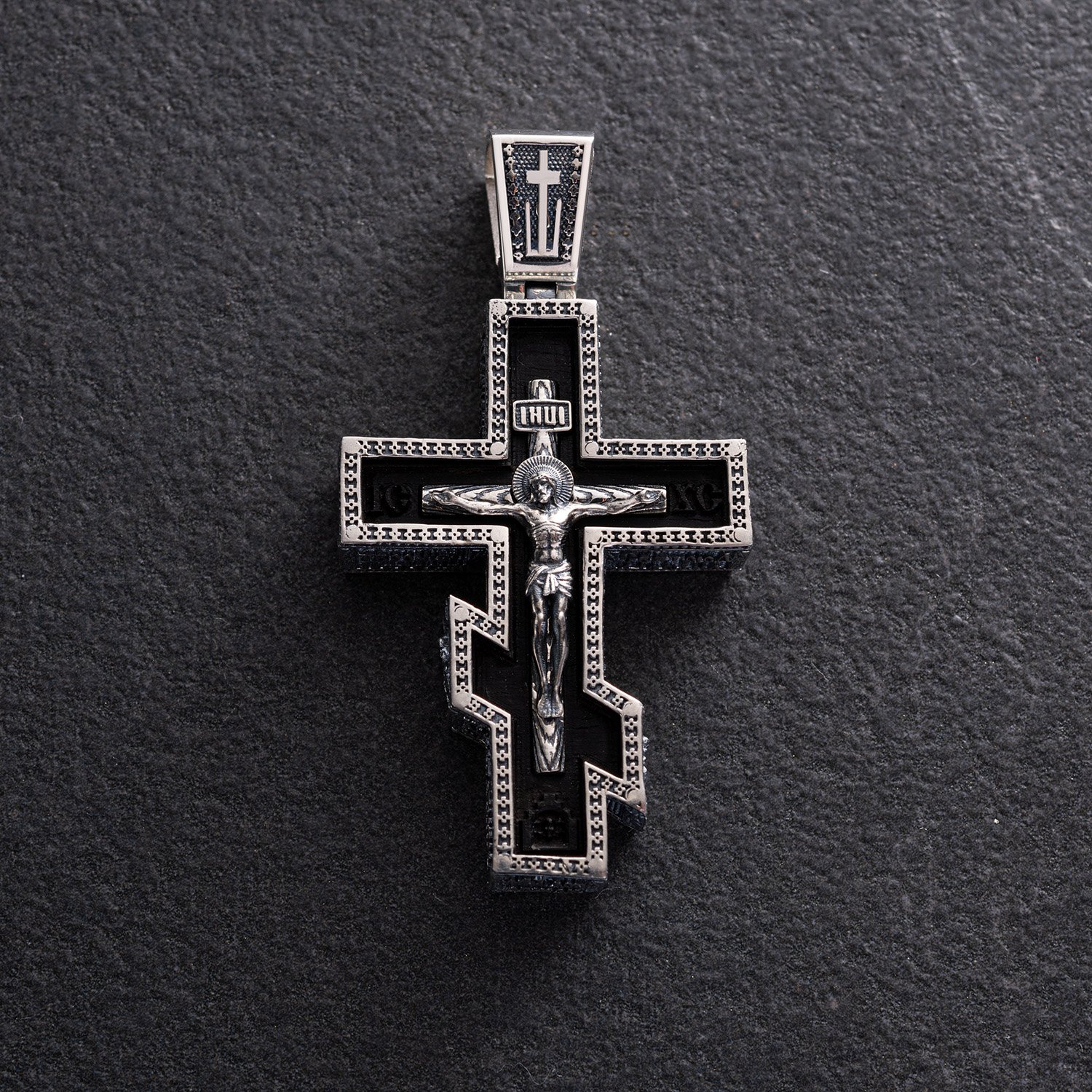

Мужской православный крест "Розп'яття. Спаси и Сохрани" (на укр. языке) из эбенового дерева и серебра 1329, 1329
