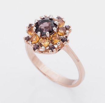 Золотое кольцо Цветок с дымчатым кварцем и цитрином.jpg