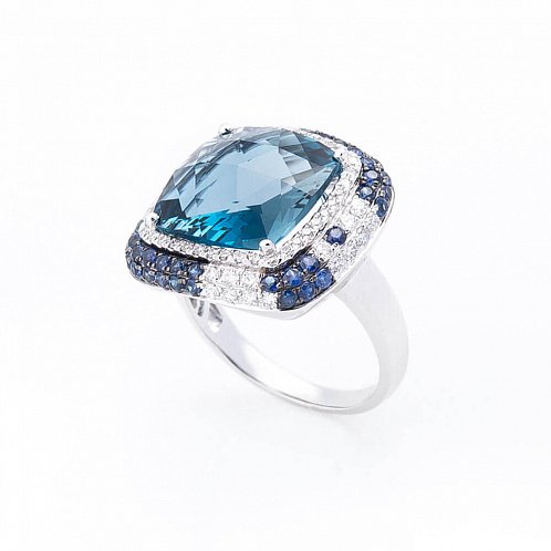 Золотое кольцо с бриллиантами сапфирами и топазом Лондон голубой от ювелирного магазина Оникс
