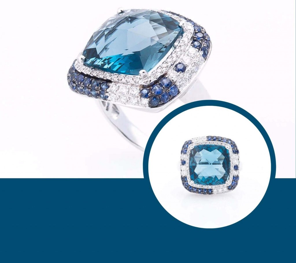 Кольцо с топазом "Лондон голубой" сапфирами и бриллиантами