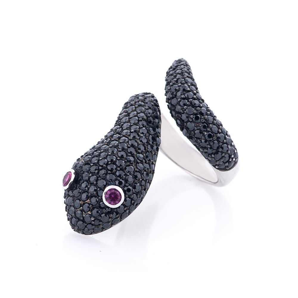 Серебряное кольцо Змея (черные фианиты) от ювелирного магазина Оникс