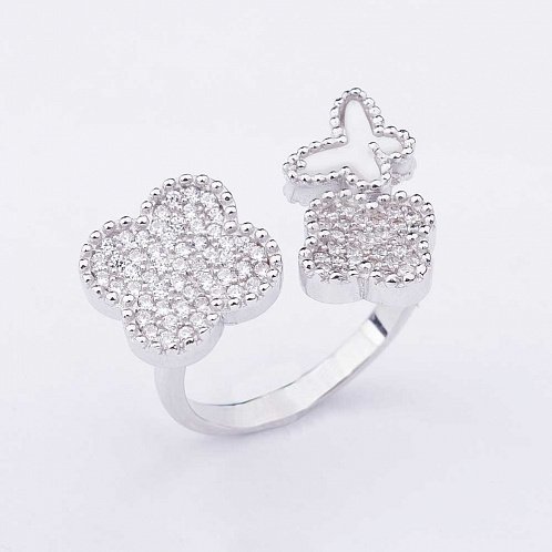 Серебряное кольцо Бабочка и клевер с перламутром и фианитами от ювелирного магазина Оникс