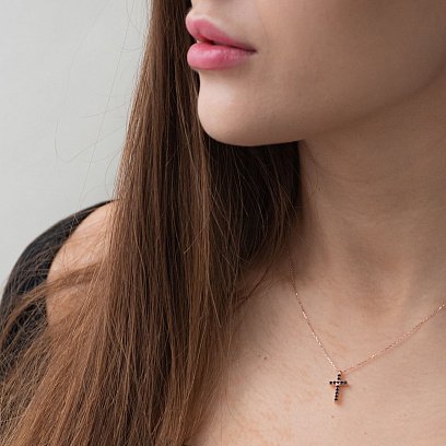 Золотое колье "Крестик" с черными и белыми фианитами кол00808 №2