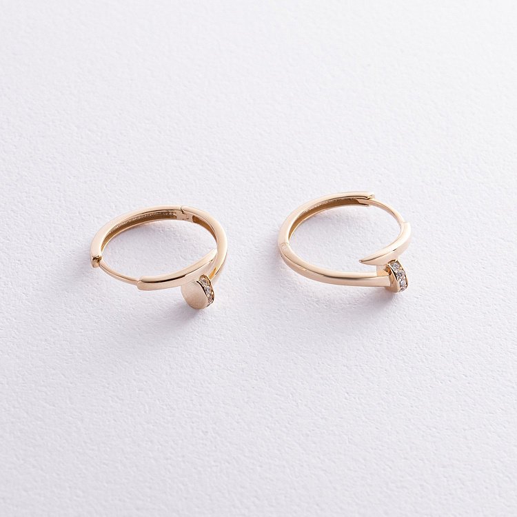 Сережки - кільця "Цвях" у жовтому золоті (фіаніти) с08343 від ювелірного магазину Онікс - 4