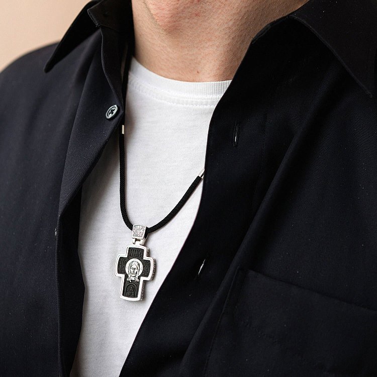 Чоловічий православний хрест "Спас Нерукотворний. Архангел Михаїл" з ебенового дерева та срібла 1052 від ювелірного магазину Онікс - 4