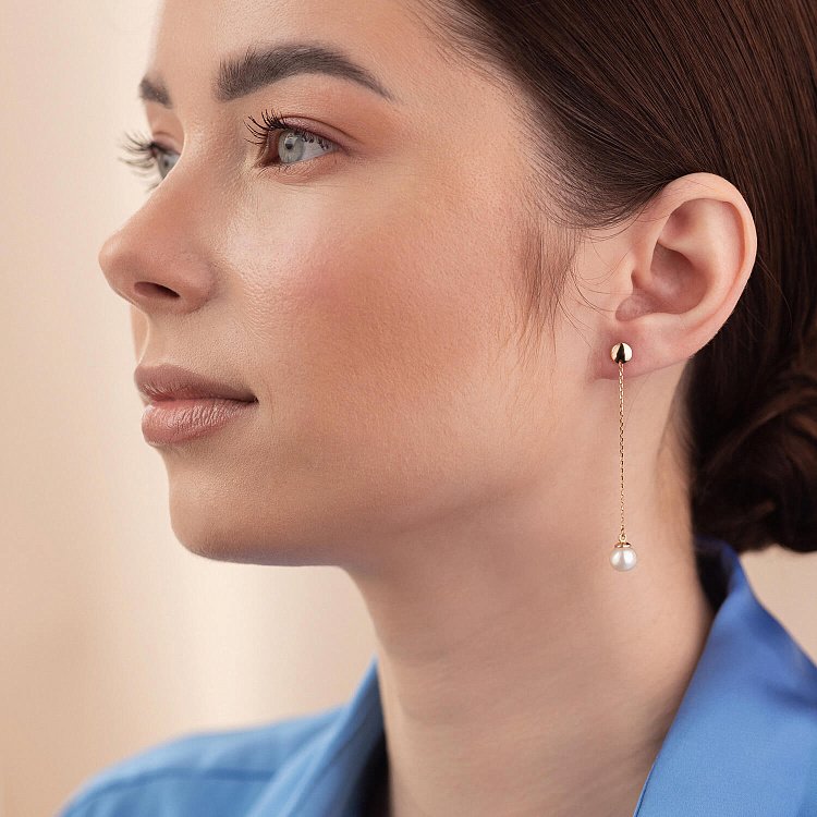 Сережки - пусети "Перлина на ланцюжку" у червоному золоті с08315 від ювелірного магазину Онікс - 2