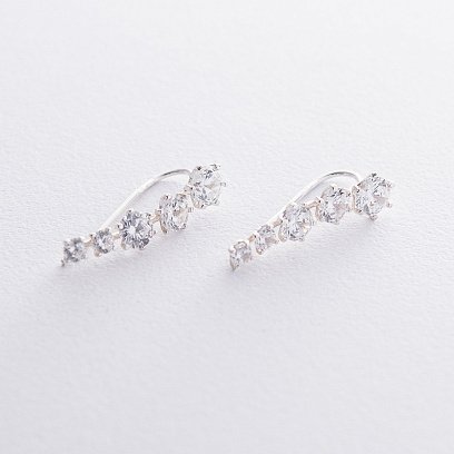 Срібні сережки - клаймбери з фіанітами 121619 №7