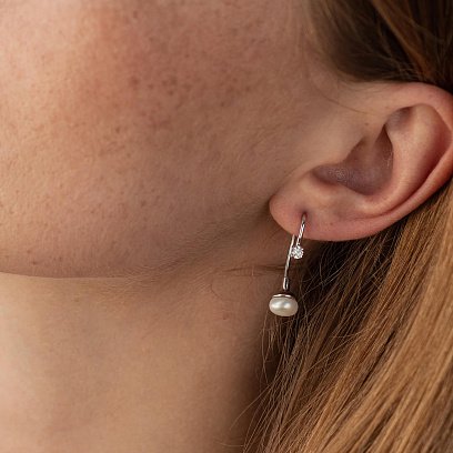 Серьги в белом золоте (культ. пресн. жемчуг, фианиты) с02834 №4