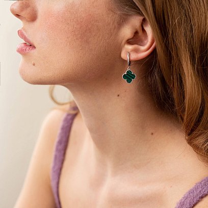 Серебряные серьги "Клевер" (малахит) 122840 №2