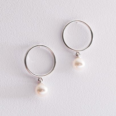 Серебряные серьги - пусеты "Круговорот" с жемчугом 123174 №9