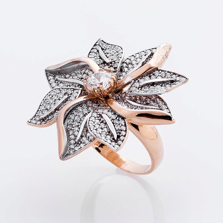 Золотое кольцо "Цветок" (фианиты) к01856 от ювелирного магазина Оникс