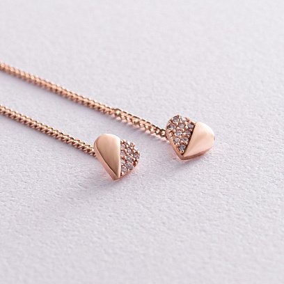 Золотые серьги - протяжки "Сердечки" с фианитами с05188 №3