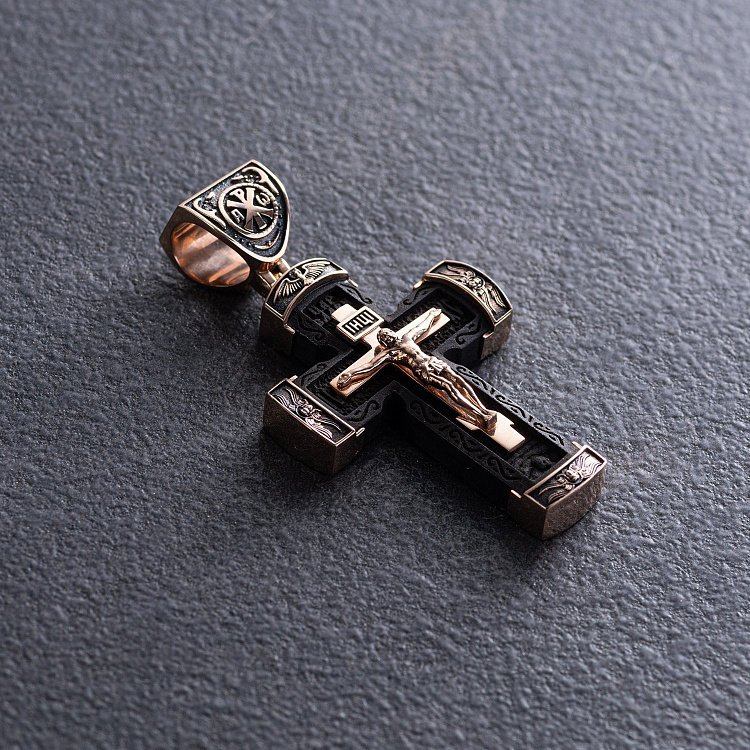 Золотой крест "Распятие. Спаси и Сохрани" (на укр. языке) с эбеновым деревом mini 1075ч от ювелирного магазина Оникс