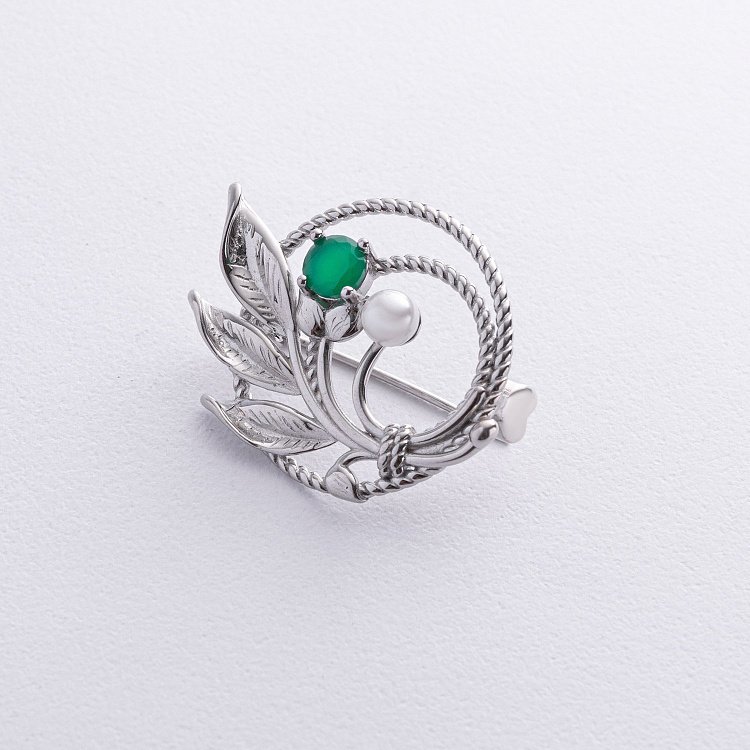 Срібна брошка з перлиною і фіанітом 16151 від ювелірного магазину Онікс