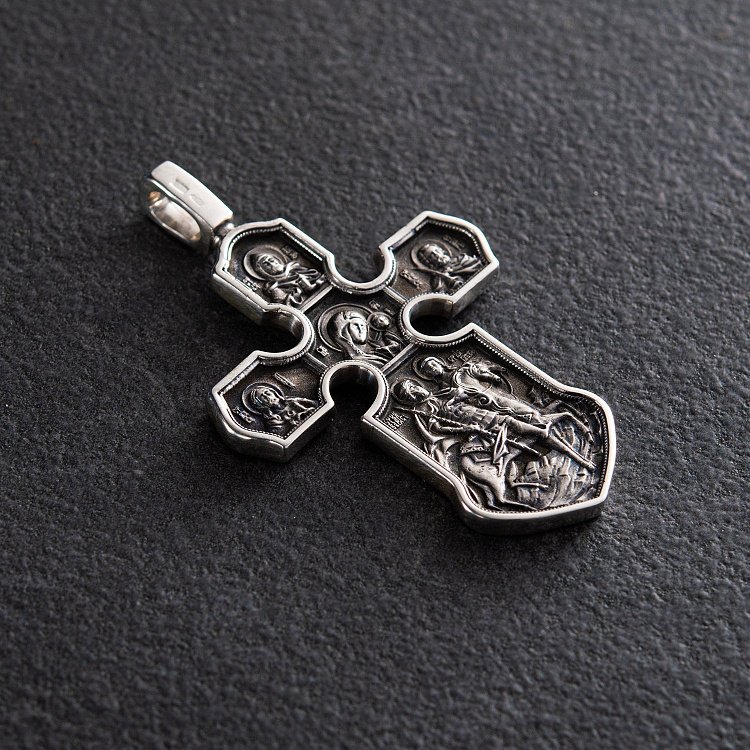 Серебряный крест "Распятие. Казанская икона Божией Матери с предстоящими святыми" 13537 от ювелирного магазина Оникс - 1