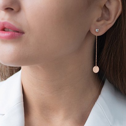 Золотые серьги Монетки на цепочке (фианиты) с07251