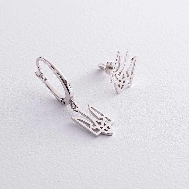 Асимметричные серьги "Герб Украины - Тризуб" (белое золото) с08028 от ювелирного магазина Оникс