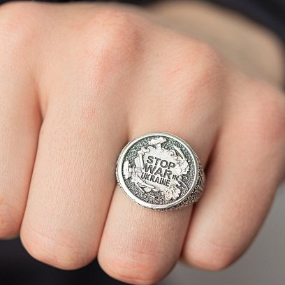 Чоловіча срібна печатка "Stop war in Ukraine" 112723 №6