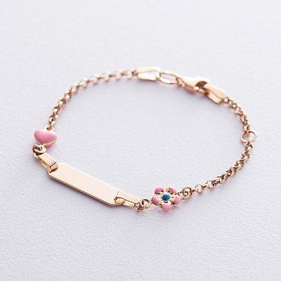 Золотой детский браслет "Цветочек и Сердечко" с эмалью б02588