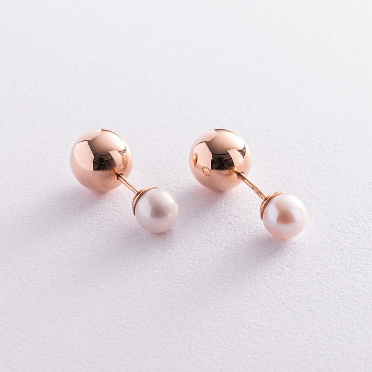 Золотые серьги "Шарики" с жемчугом с03441 от ювелирного магазина Оникс