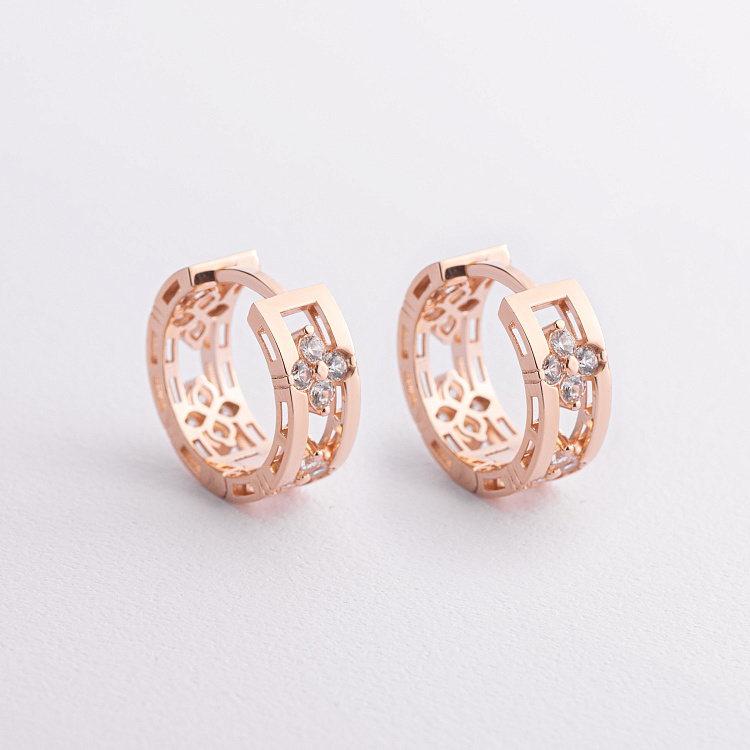 Серьги - кольца "Клевер" в красном золоте (фианиты) с09540 от ювелирного магазина Оникс