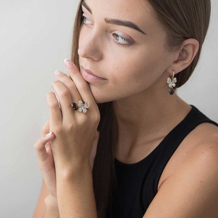 Золотое кольцо "Бабочка" с дымч. кварцем и фианитами к04327 от ювелирного магазина Оникс - 3