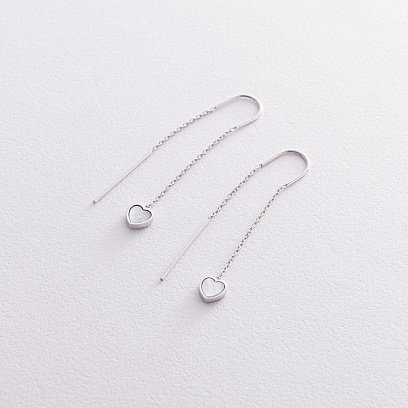 Сережки - протяжки "Сердечки" з перламутром (біле золото) с08577