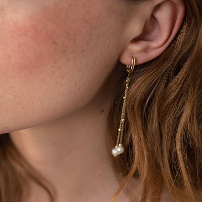 Золотые серьги с жемчугом на цепочке с07802 №3