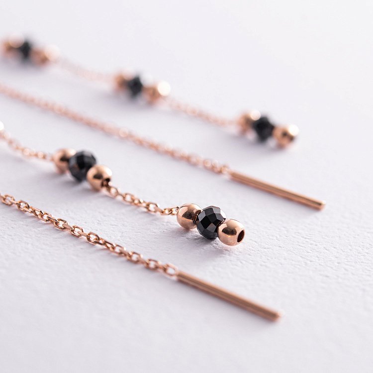 Золотые серьги - протяжки "Шарики" (черные фианиты) с07996 от ювелирного магазина Оникс - 2