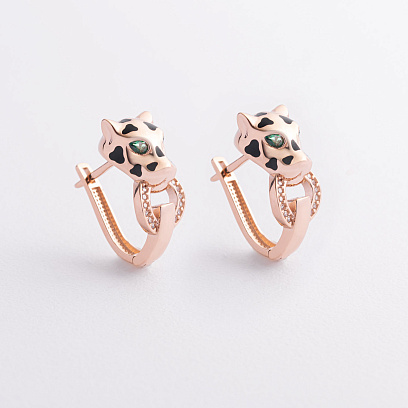 Золоті сережки "Пантера" (фіаніти, емаль) с09592