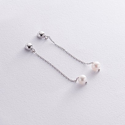 Сережки - пусети "Перлина на ланцюжку" у білому золоті с08313 №5