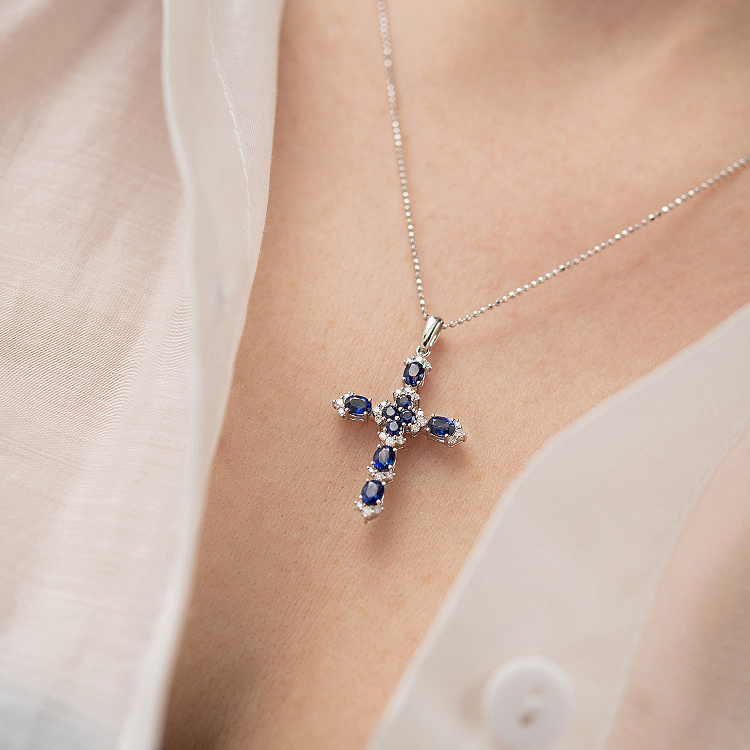 Золотий хрестик з діамантами і сапфірами пб0373gm від ювелірного магазину Онікс - 3