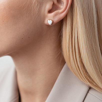 Серьги - пусеты "Сердечки" с опалом (желтое золото) с07747 №2