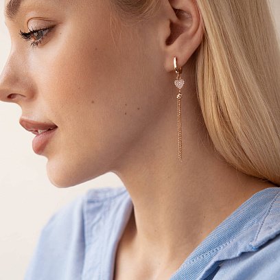 Золоті сережки "Сердечки" з ланцюжками (фіаніти) с07826 №4