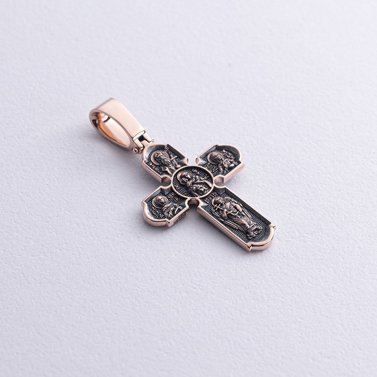 Православний золотий хрест "Розп'яття Христове. Спас Нерукотворний. Ікона Божої Матері знамення. Святитель Миколай" п03017 від ювелірного магазину Онікс - 4