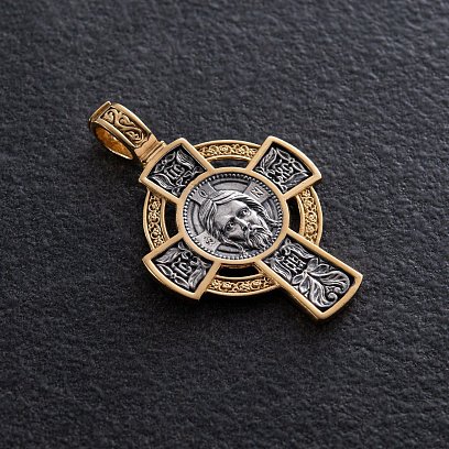 Срібний хрестик "Спас Нерукотворний. Молитва Да Воскресне Бог" з позолотою 132990 №2