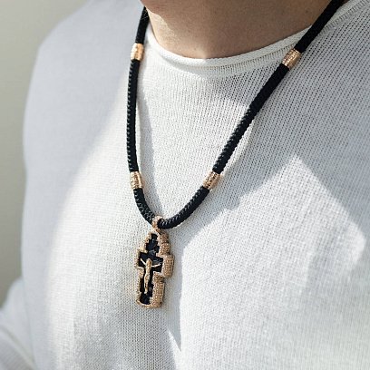 Чоловічий православний хрест "Розп'яття. Спаси та Збережи" з ебенового дерева та золота на шнурі кол02135 №2