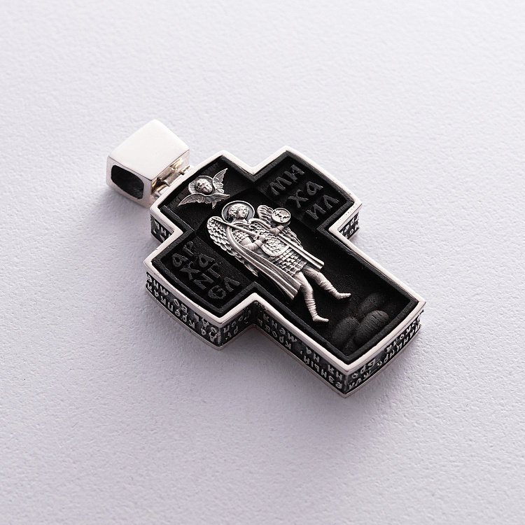 Мужской православный крест "Спас Нерукотворный. Архангел Михаил" из эбенового дерева и серебра 133230 от ювелирного магазина Оникс - 7