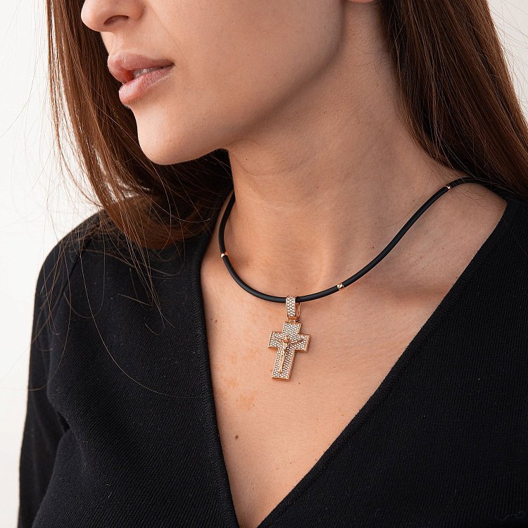 Золотий хрест "Розп'яття. Спаси та Збережи" з фіанітами 270046б від ювелірного магазину Онікс - 1