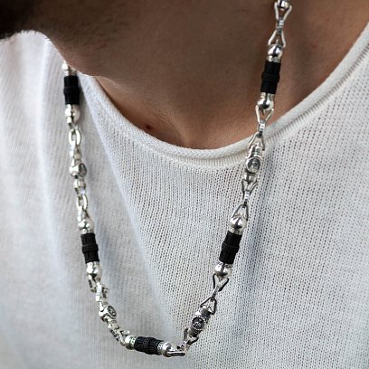 Мужская серебряная цепочка "Спаси и сохрани" с эбеновым деревом 628 №3