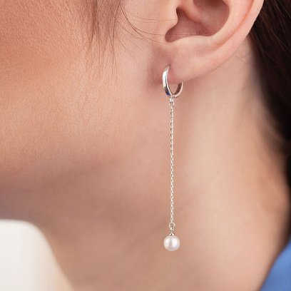 Серьги - кольца "Жемчужина на цепочке" в белом золоте с08357 №4