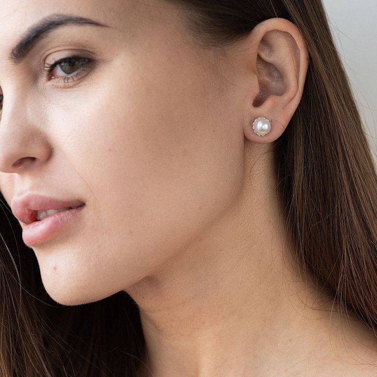 Серьги - пусеты с жемчугом (серебро) 121024 от ювелирного магазина Оникс - 5