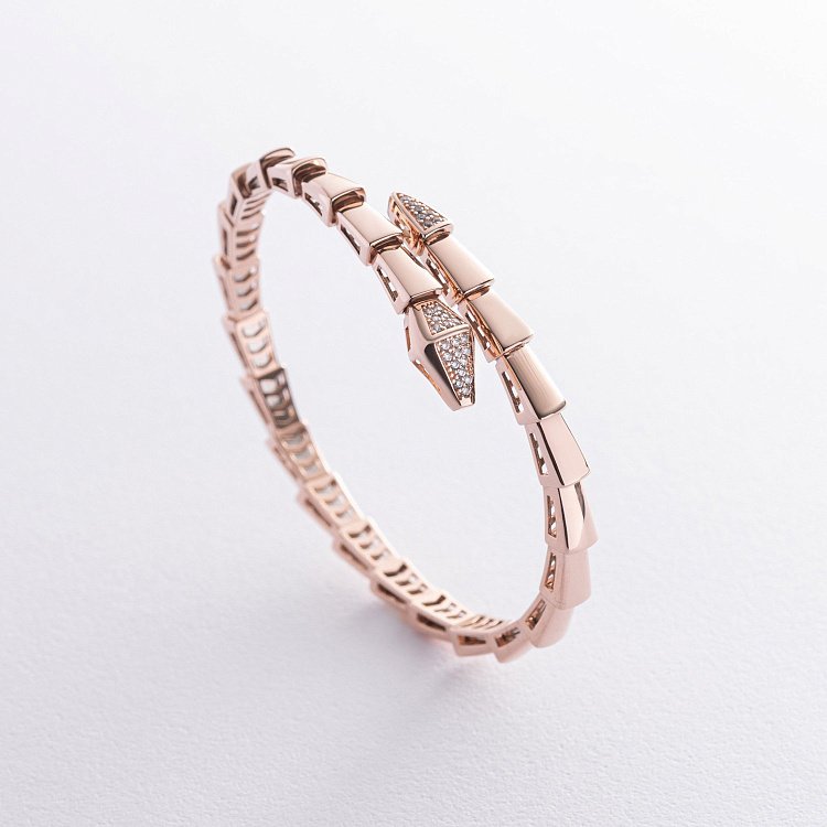 Жесткий браслет "Змея" в красном золоте (фианиты) б05238 от ювелирного магазина Оникс