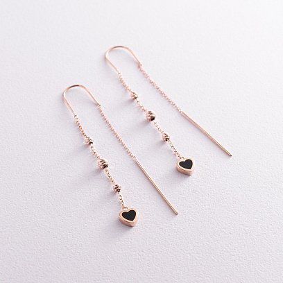 Золотые серьги - протяжки "Сердечки" (эмаль) с07612