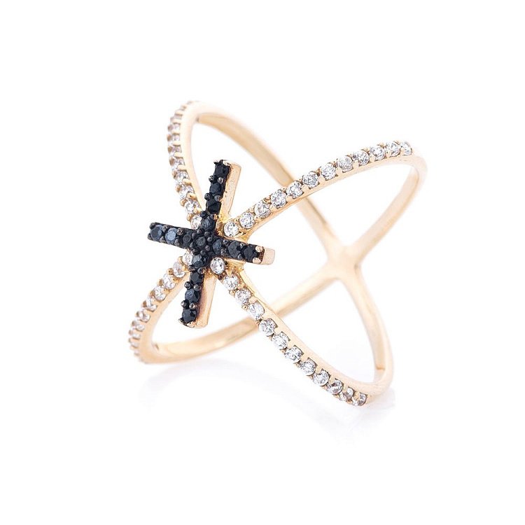Золота каблучка "Хрестик з чорними фіанітами" к05111 від ювелірного магазину Онікс