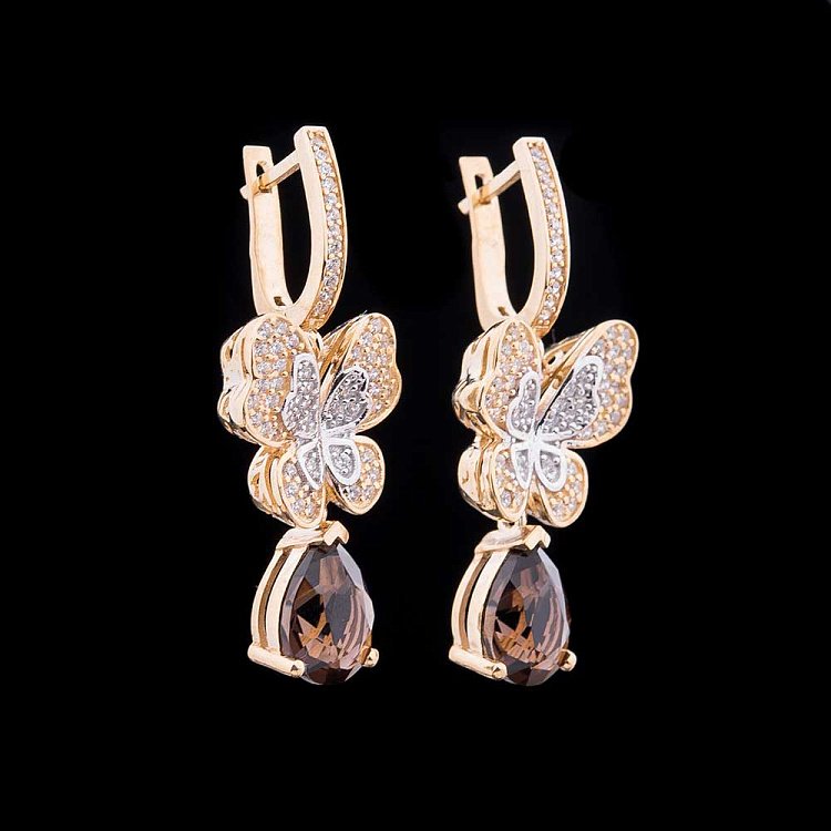 Золоті сережки "Метелики" з димч. кварцом і фіанітами с03898 від ювелірного магазину Онікс
