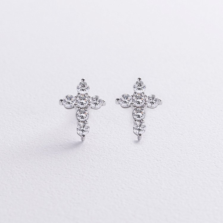 Сережки - пусети "Хрестики" у білому золоті (фіаніти) с09035 від ювелірного магазину Онікс