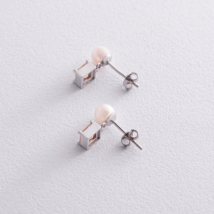 Золотые серьги - пусеты "Альма" (оранжевые фианиты, жемчуг) с08249 от ювелирного магазина Оникс - 5