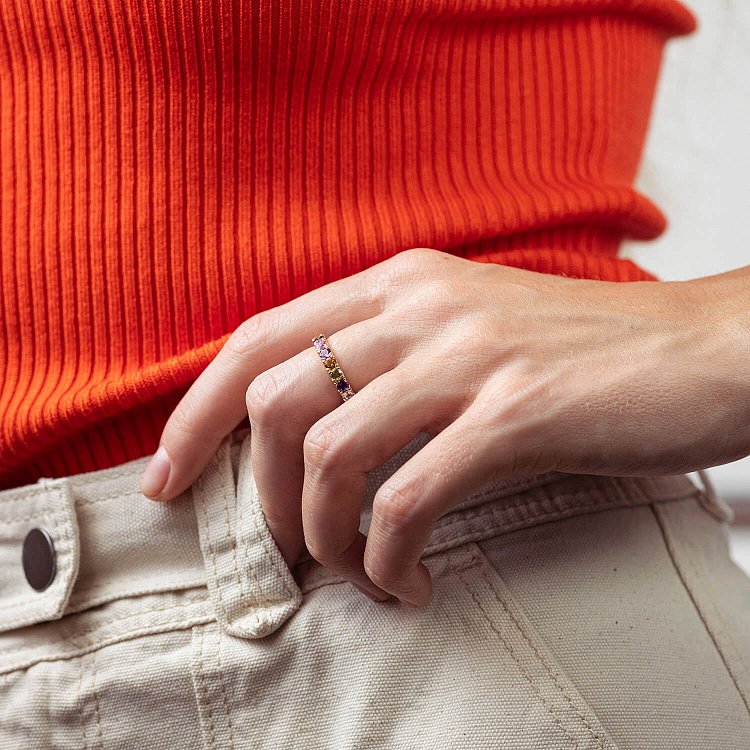 Золотое кольцо с дорожкой разноцветных натуральных камней к07617 - 4 Золотое кольцо с дорожкой разноцветных натуральных камней к07617 от ювелирного магазина Оникс - 4