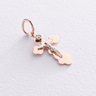 Золотий хрестик "Розп'яття. Спаси і Збережи" з фіанітом п03407